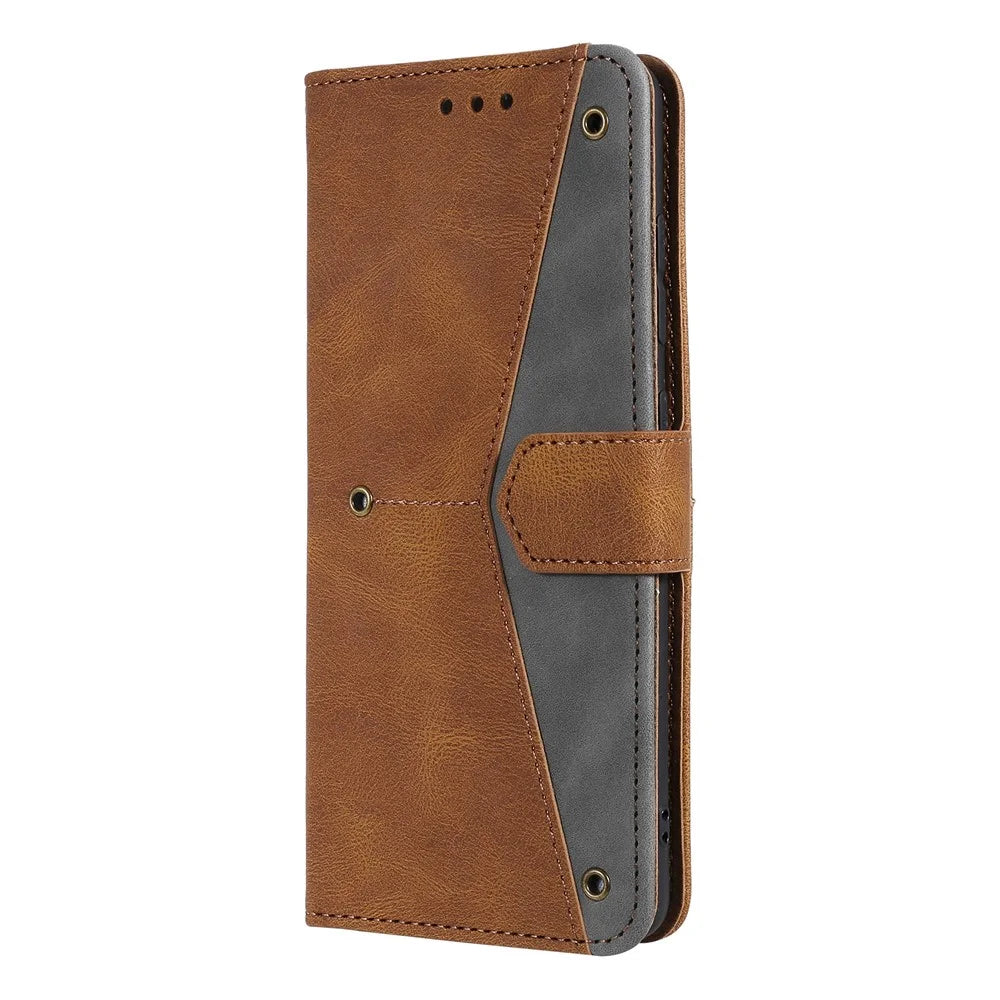 For iPhone 17 Leather Case Splicing Stitching Wallet Phone Cover with Wrist Strap - Brown - 5