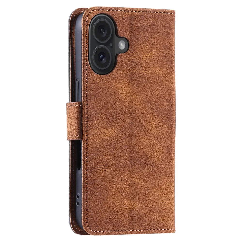 For iPhone 17 Leather Case Splicing Stitching Wallet Phone Cover with Wrist Strap - Brown - 6