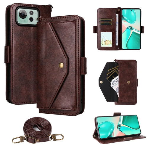For Asus Zenfone 12 Ultra 5G Leather Case Magnetic Closure Wallet Stand Phone Cover with Crossbody Strap - Brown - 1