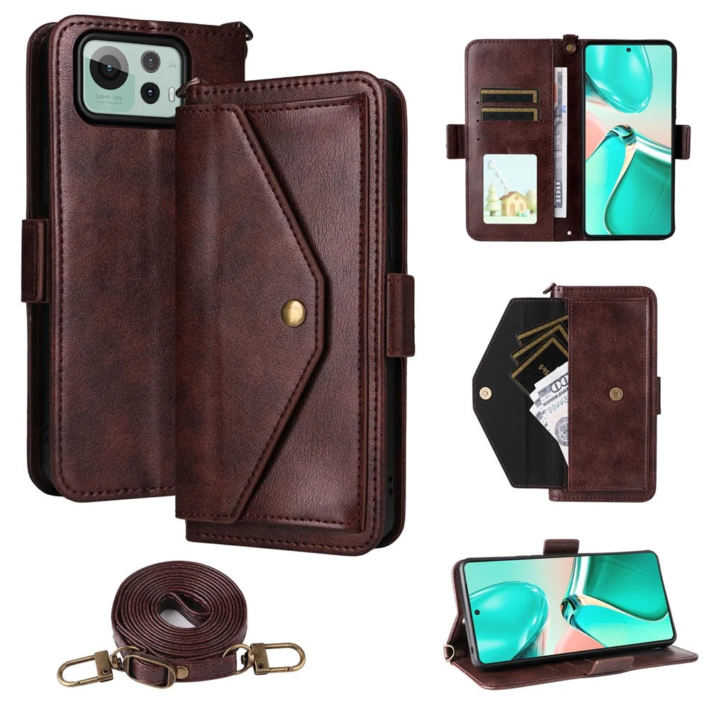 For Asus Zenfone 12 Ultra 5G Leather Case Magnetic Closure Wallet Stand Phone Cover with Crossbody Strap - Brown - 1