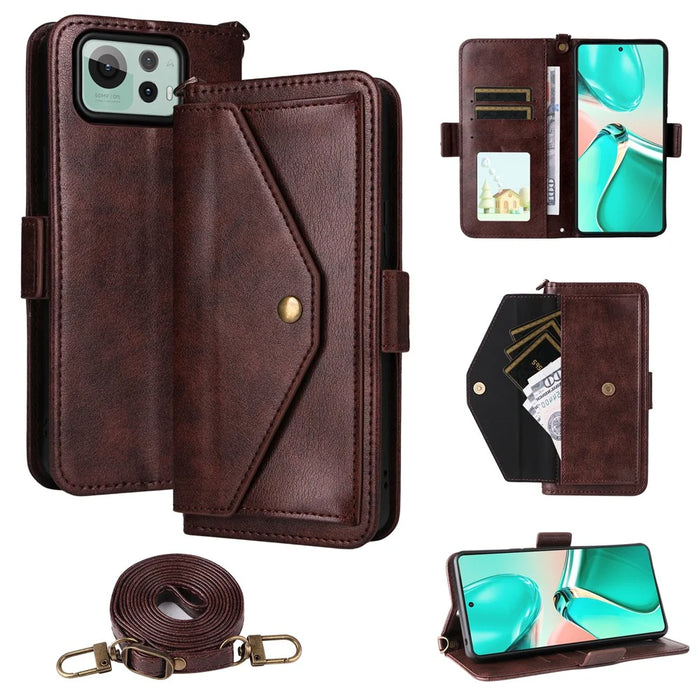 For Asus Zenfone 12 Ultra 5G Leather Case Magnetic Closure Wallet Stand Phone Cover with Crossbody Strap - Brown - 1