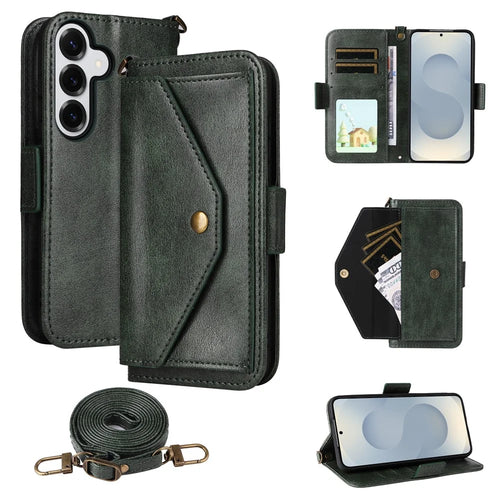 For Samsung Galaxy S25 Leather Case Magnetic Closure Wallet Stand Phone Cover with Crossbody Strap - Green - 1