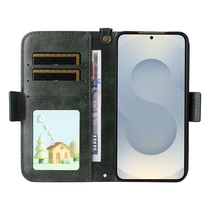 For Samsung Galaxy S25 Leather Case Magnetic Closure Wallet Stand Phone Cover with Crossbody Strap - Green - 2