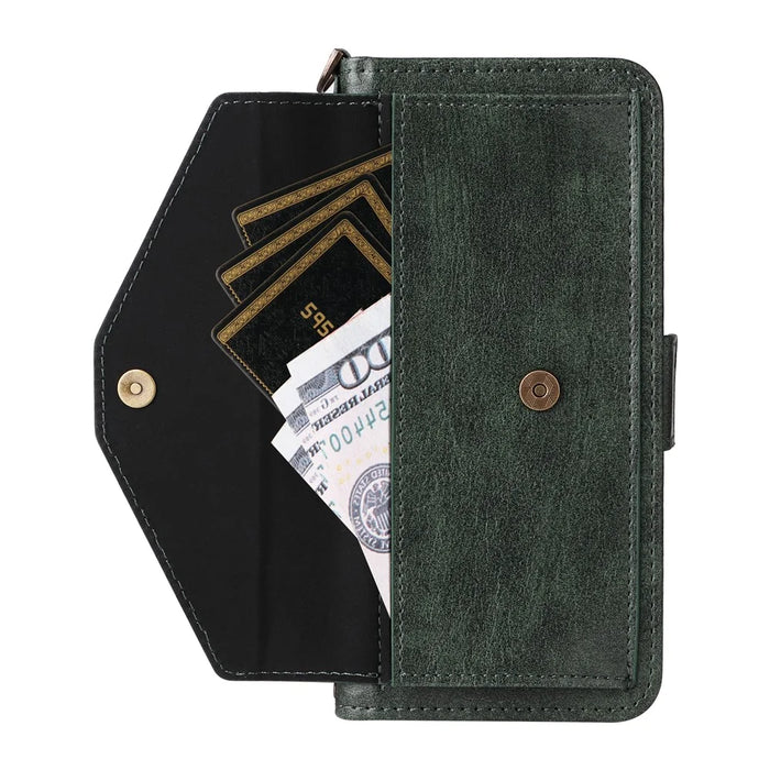 For Samsung Galaxy S25 Leather Case Magnetic Closure Wallet Stand Phone Cover with Crossbody Strap - Green - 5
