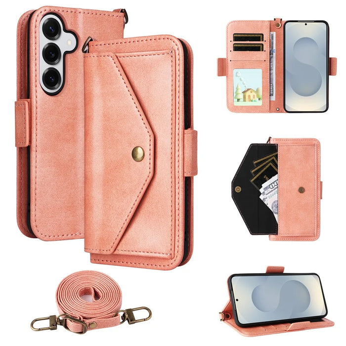 For Samsung Galaxy S25+ Leather Case Magnetic Closure Wallet Stand Phone Cover with Crossbody Strap - Pink - 1