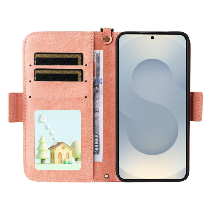 For Samsung Galaxy S25+ Leather Case Magnetic Closure Wallet Stand Phone Cover with Crossbody Strap - Pink - 2