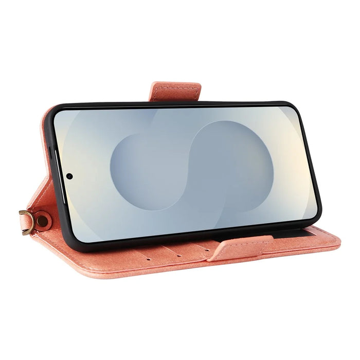 For Samsung Galaxy S25+ Leather Case Magnetic Closure Wallet Stand Phone Cover with Crossbody Strap - Pink - 3