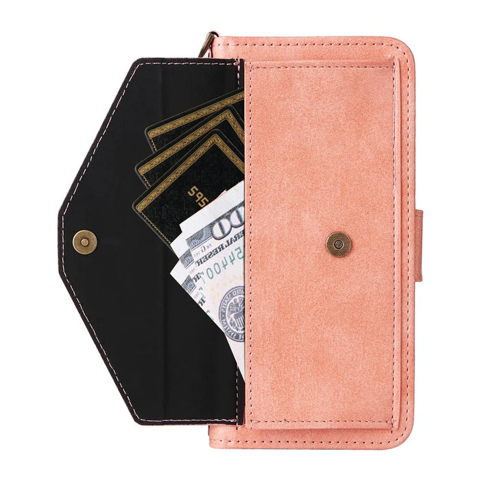 For Samsung Galaxy S25+ Leather Case Magnetic Closure Wallet Stand Phone Cover with Crossbody Strap - Pink - 6