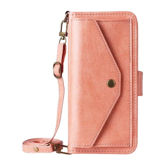 For Samsung Galaxy S25+ Leather Case Magnetic Closure Wallet Stand Phone Cover with Crossbody Strap - Pink - 7