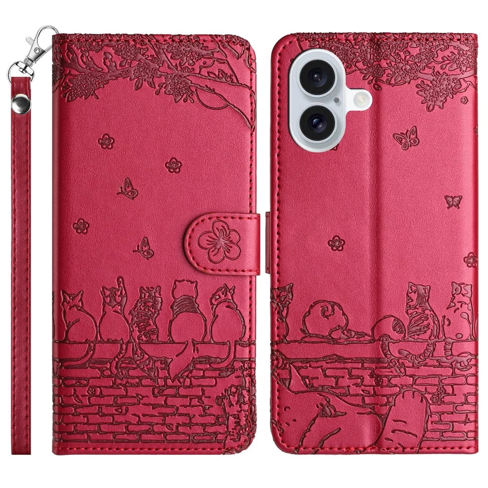 For iPhone 17 Case with Wrist Strap Leather Phone Cover Wall Cats Pattern - Red - 1