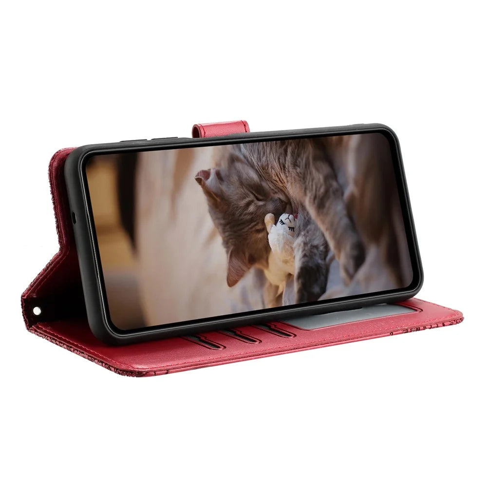 For iPhone 17 Case with Wrist Strap Leather Phone Cover Wall Cats Pattern - Red - 2