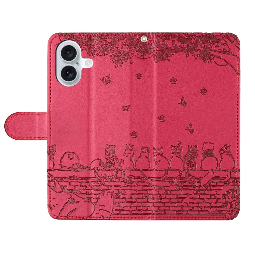 For iPhone 17 Case with Wrist Strap Leather Phone Cover Wall Cats Pattern - Red - 4