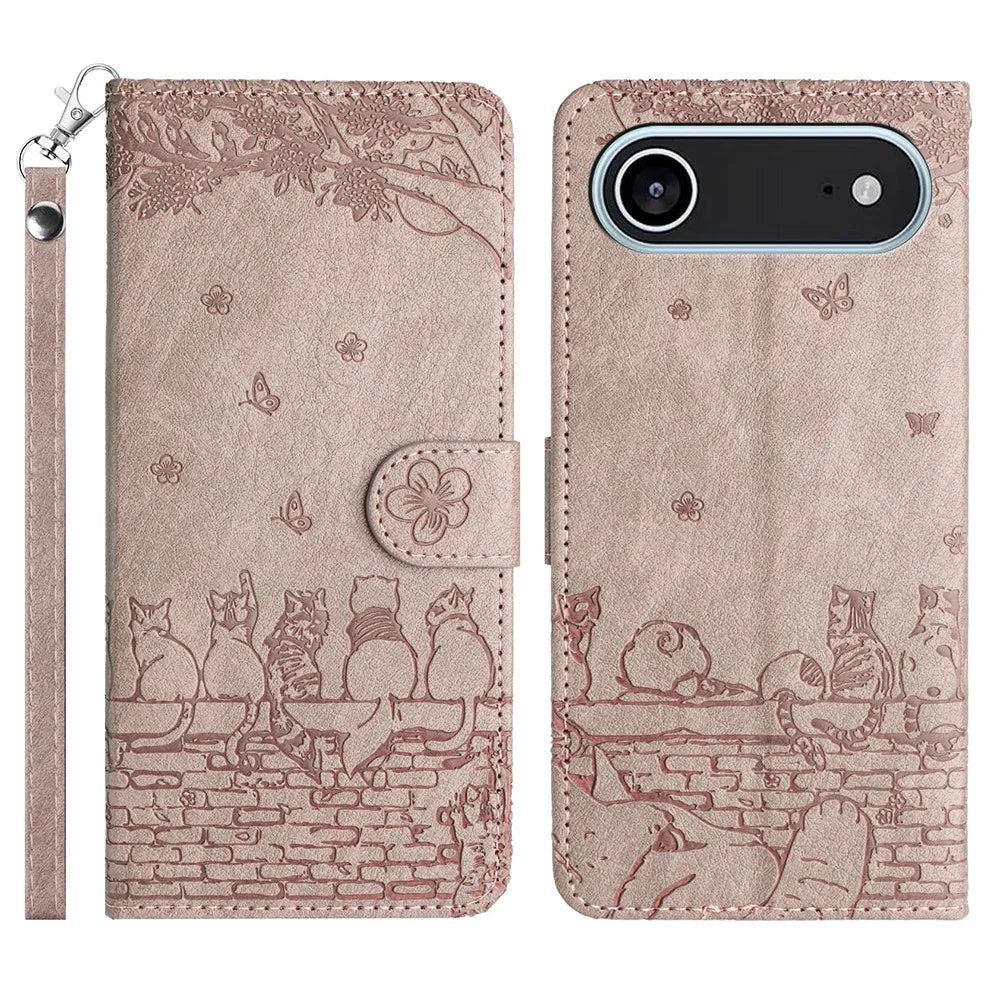 For iPhone Air Case with Wrist Strap Leather Phone Cover Wall Cats Pattern - Smoky Purple - 1