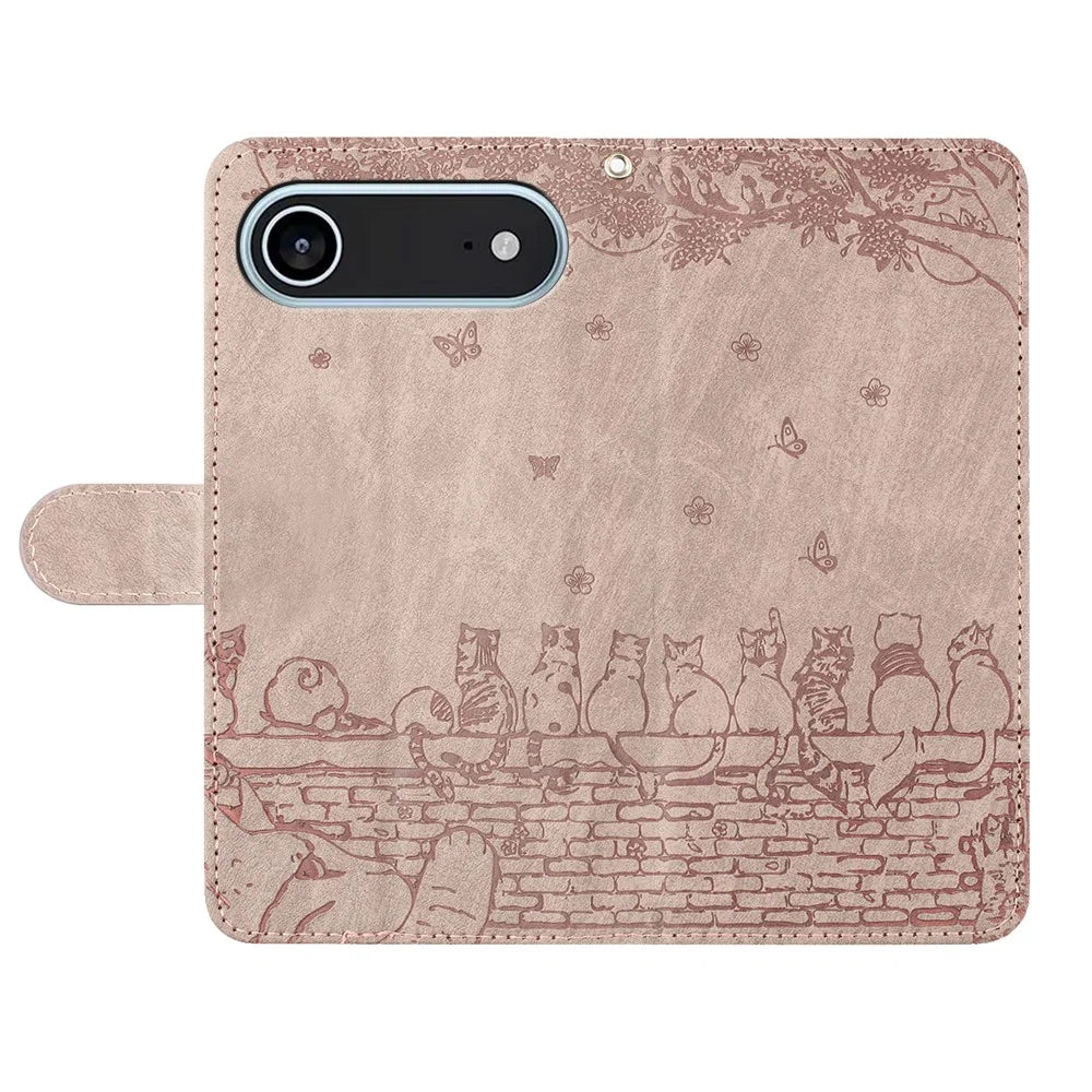 For iPhone Air Case with Wrist Strap Leather Phone Cover Wall Cats Pattern - Smoky Purple - 4