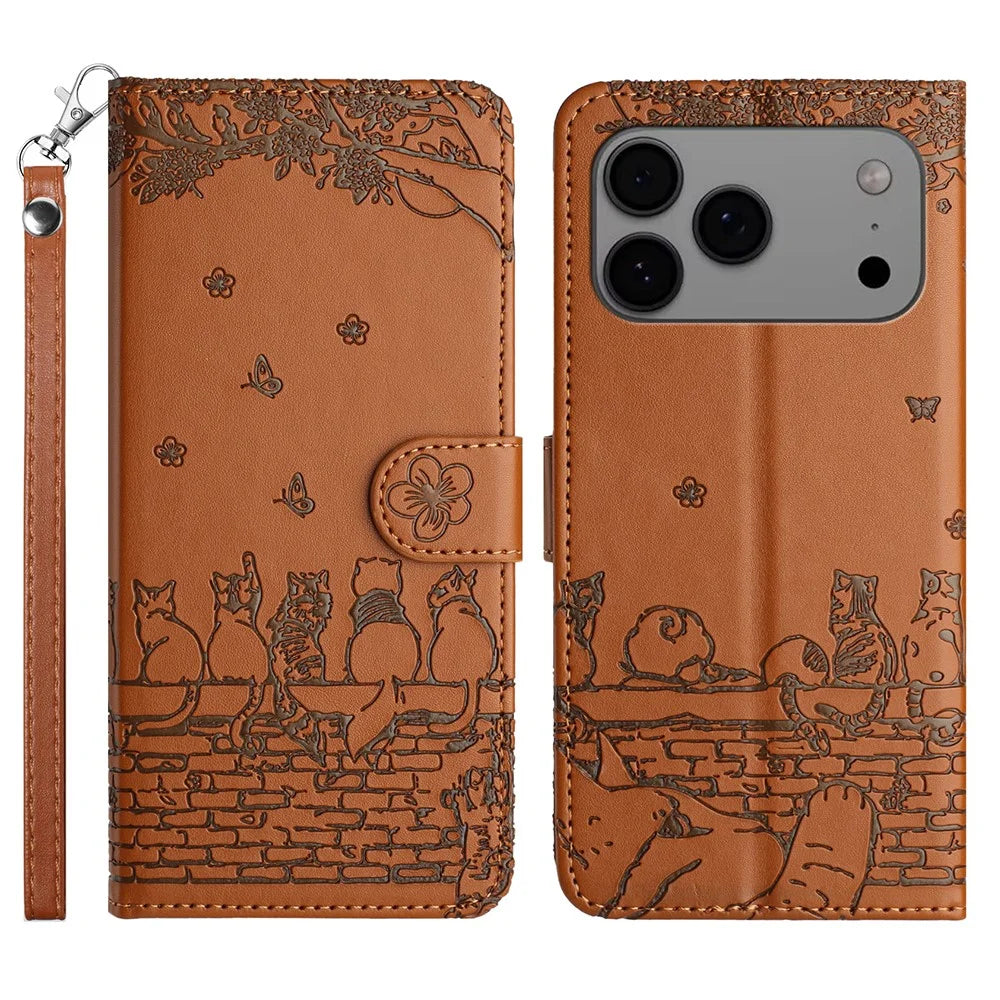 For iPhone 17 Pro Max Case with Wrist Strap Leather Phone Cover Wall Cats Pattern - Brown - 1