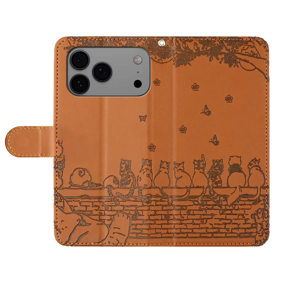 For iPhone 17 Pro Max Case with Wrist Strap Leather Phone Cover Wall Cats Pattern - Brown - 4