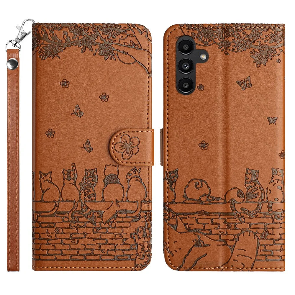 For Samsung Galaxy S25 FE Case with Wrist Strap Leather Phone Cover Wall Cats Pattern - Brown - 1