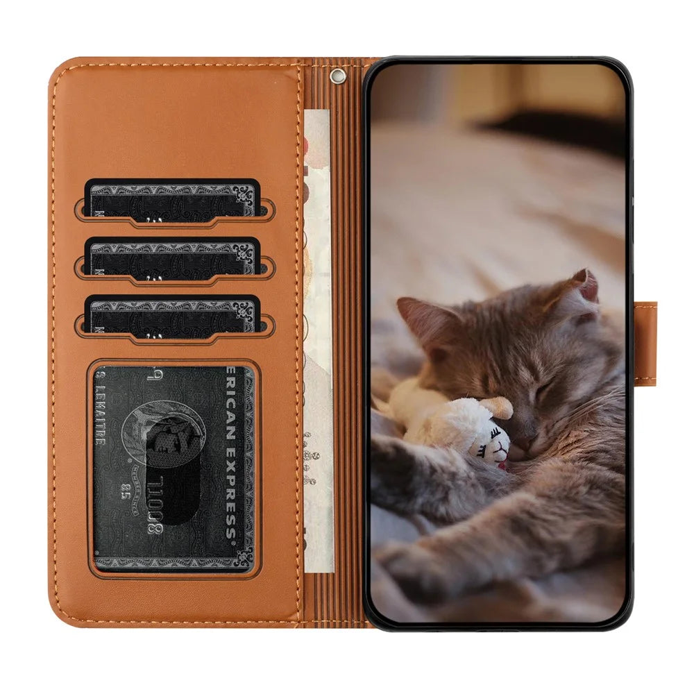 For Samsung Galaxy S25 FE Case with Wrist Strap Leather Phone Cover Wall Cats Pattern - Brown - 3
