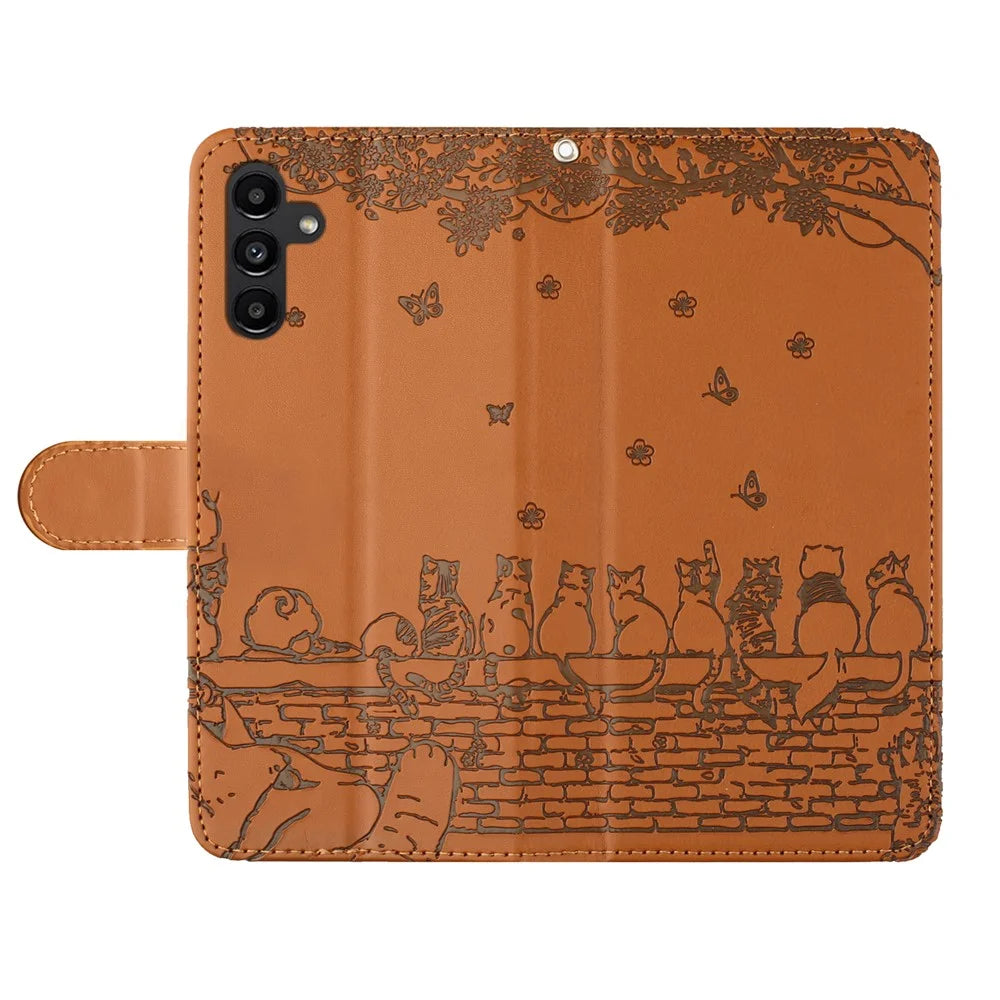 For Samsung Galaxy S25 FE Case with Wrist Strap Leather Phone Cover Wall Cats Pattern - Brown - 4