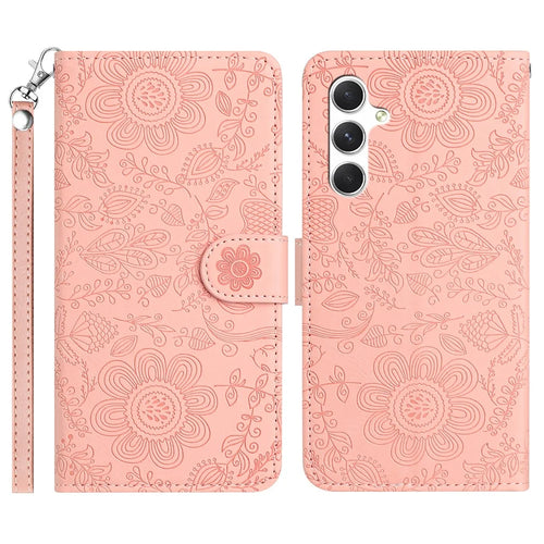 For Samsung Galaxy S25 FE Case Flower Imprint Leather Flip Wallet Phone Cover with Wrist Strap - Pink - 1