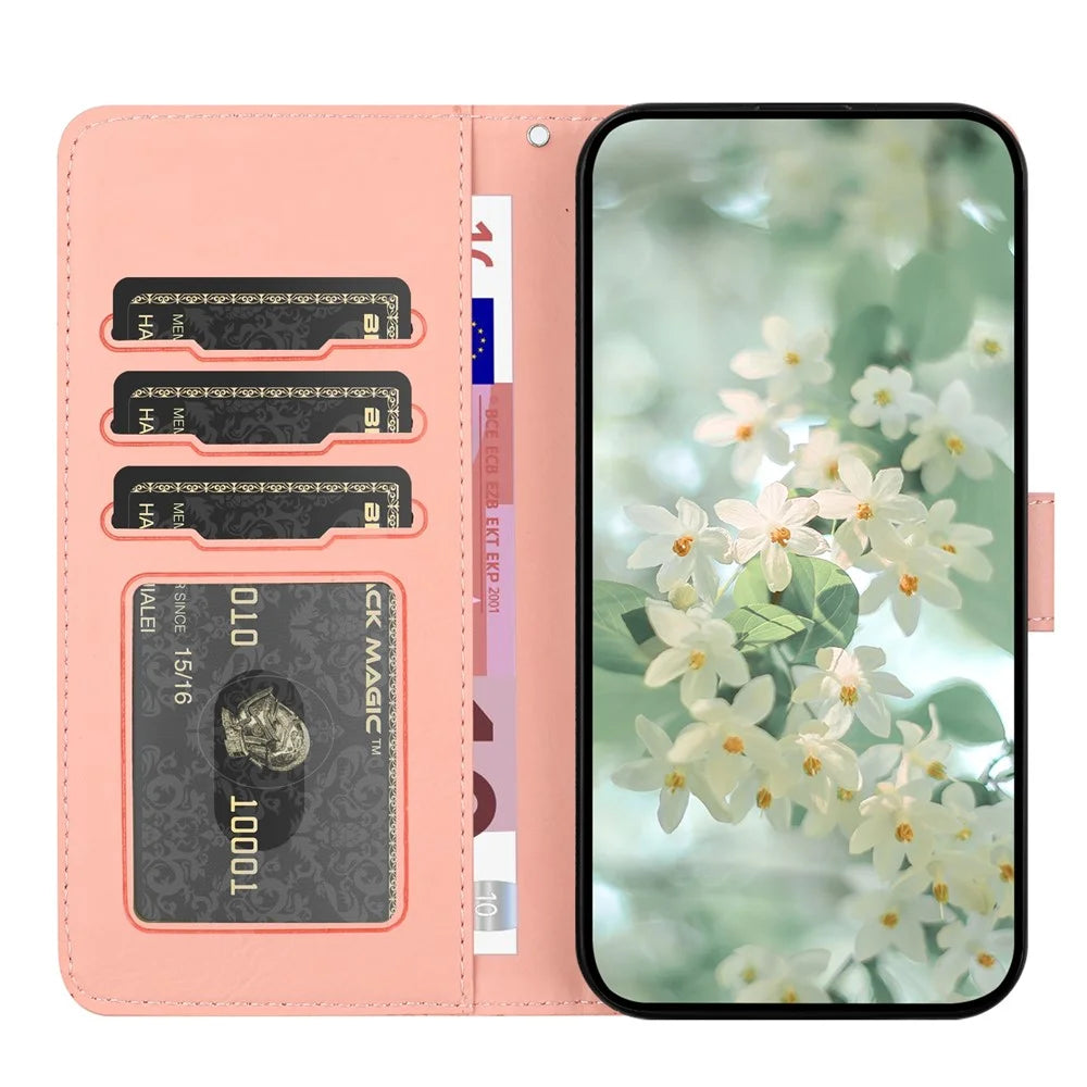 For Samsung Galaxy S25 FE Case Flower Imprint Leather Flip Wallet Phone Cover with Wrist Strap - Pink - 2