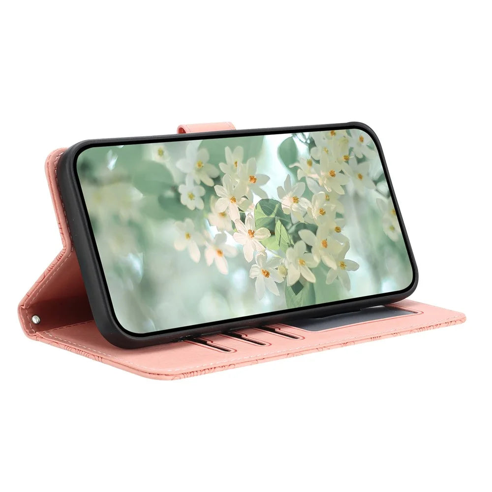 For Samsung Galaxy S25 FE Case Flower Imprint Leather Flip Wallet Phone Cover with Wrist Strap - Pink - 3
