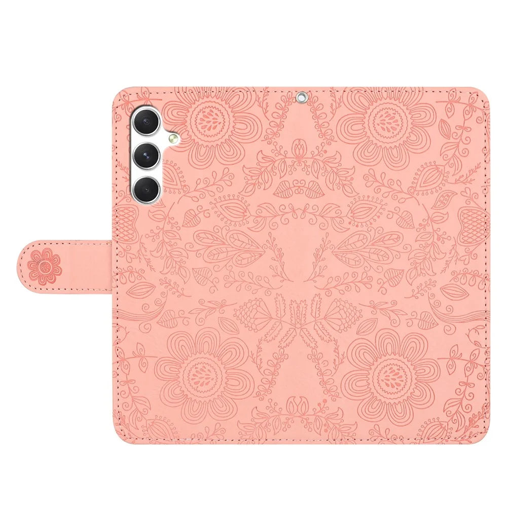 For Samsung Galaxy S25 FE Case Flower Imprint Leather Flip Wallet Phone Cover with Wrist Strap - Pink - 4