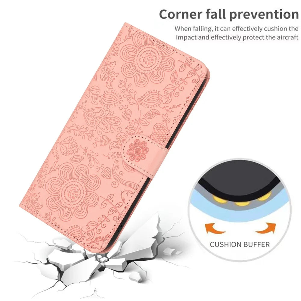 For Samsung Galaxy S25 FE Case Flower Imprint Leather Flip Wallet Phone Cover with Wrist Strap - Pink - 5