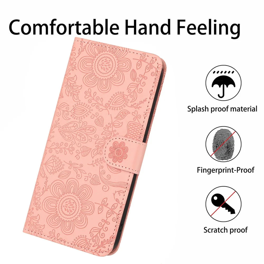 For Samsung Galaxy S25 FE Case Flower Imprint Leather Flip Wallet Phone Cover with Wrist Strap - Pink - 6