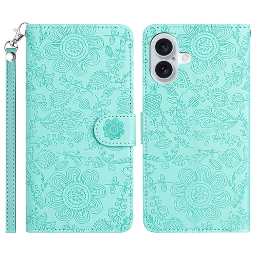 For iPhone 17 Case Flower Imprint Leather Flip Wallet Phone Cover with Wrist Strap - Light Green - 1