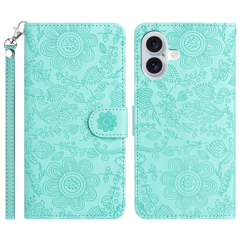 For iPhone 17 Case Flower Imprint Leather Flip Wallet Phone Cover with Wrist Strap - Light Green - 1