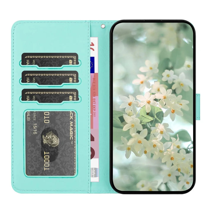 For iPhone 17 Case Flower Imprint Leather Flip Wallet Phone Cover with Wrist Strap - Light Green - 2