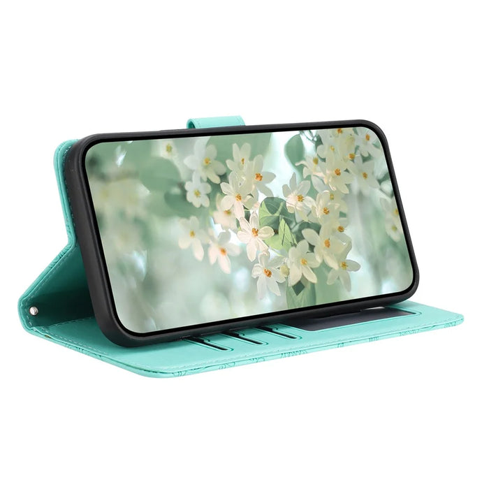 For iPhone 17 Case Flower Imprint Leather Flip Wallet Phone Cover with Wrist Strap - Light Green - 3