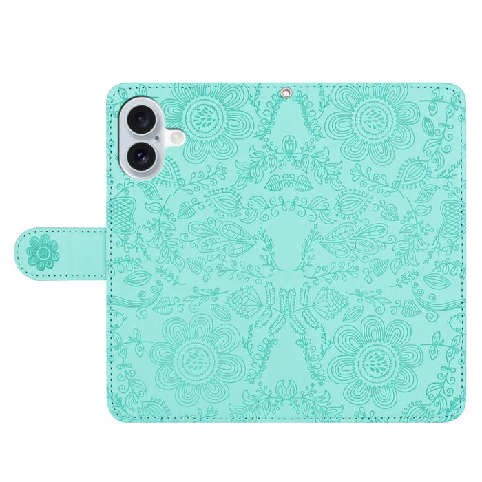 For iPhone 17 Case Flower Imprint Leather Flip Wallet Phone Cover with Wrist Strap - Light Green - 4