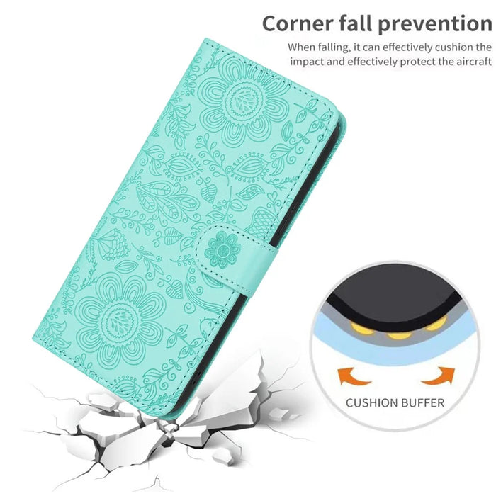 For iPhone 17 Case Flower Imprint Leather Flip Wallet Phone Cover with Wrist Strap - Light Green - 5