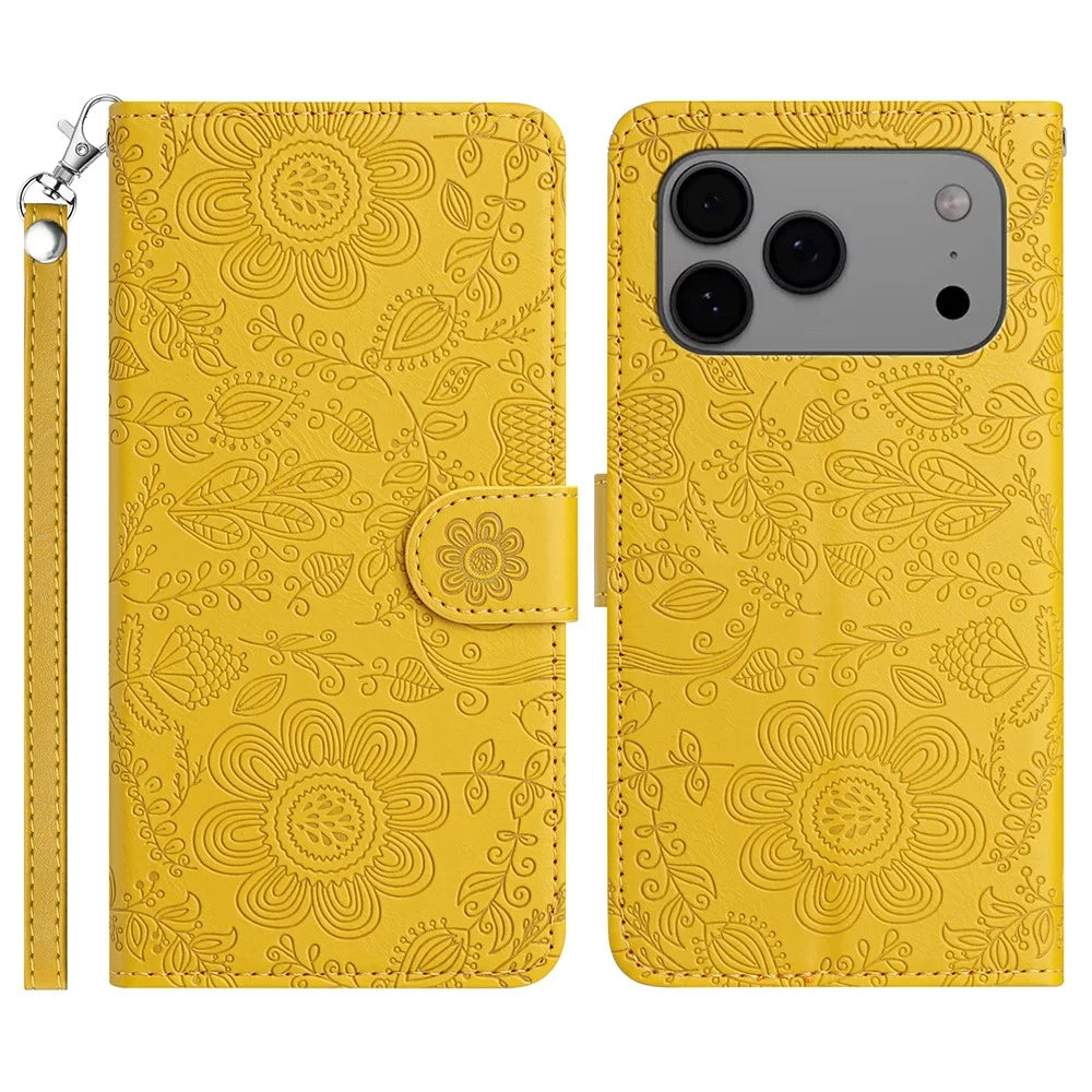 For iPhone 17 Pro Case Flower Imprint Leather Flip Wallet Phone Cover with Wrist Strap - Yellow - 1