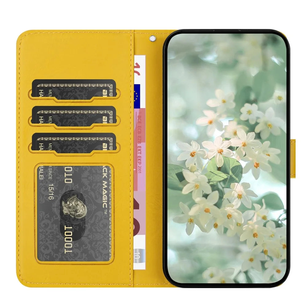 For iPhone 17 Pro Case Flower Imprint Leather Flip Wallet Phone Cover with Wrist Strap - Yellow - 2