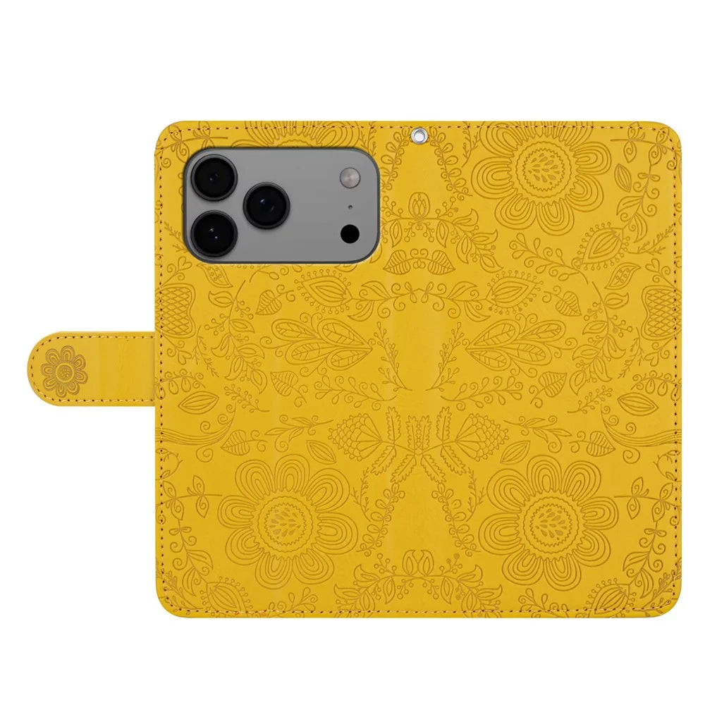 For iPhone 17 Pro Case Flower Imprint Leather Flip Wallet Phone Cover with Wrist Strap - Yellow - 4