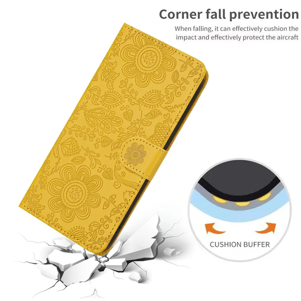 For iPhone 17 Pro Case Flower Imprint Leather Flip Wallet Phone Cover with Wrist Strap - Yellow - 5