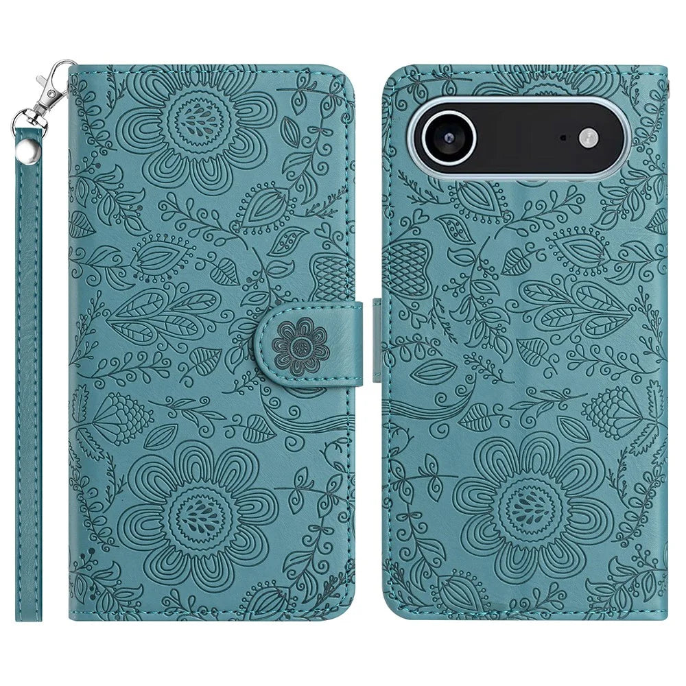 For iPhone Air Case Flower Imprint Leather Flip Wallet Phone Cover with Wrist Strap - Blackish Green - 1