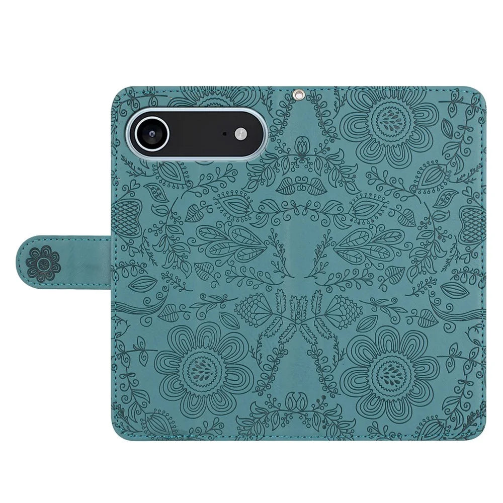 For iPhone Air Case Flower Imprint Leather Flip Wallet Phone Cover with Wrist Strap - Blackish Green - 4