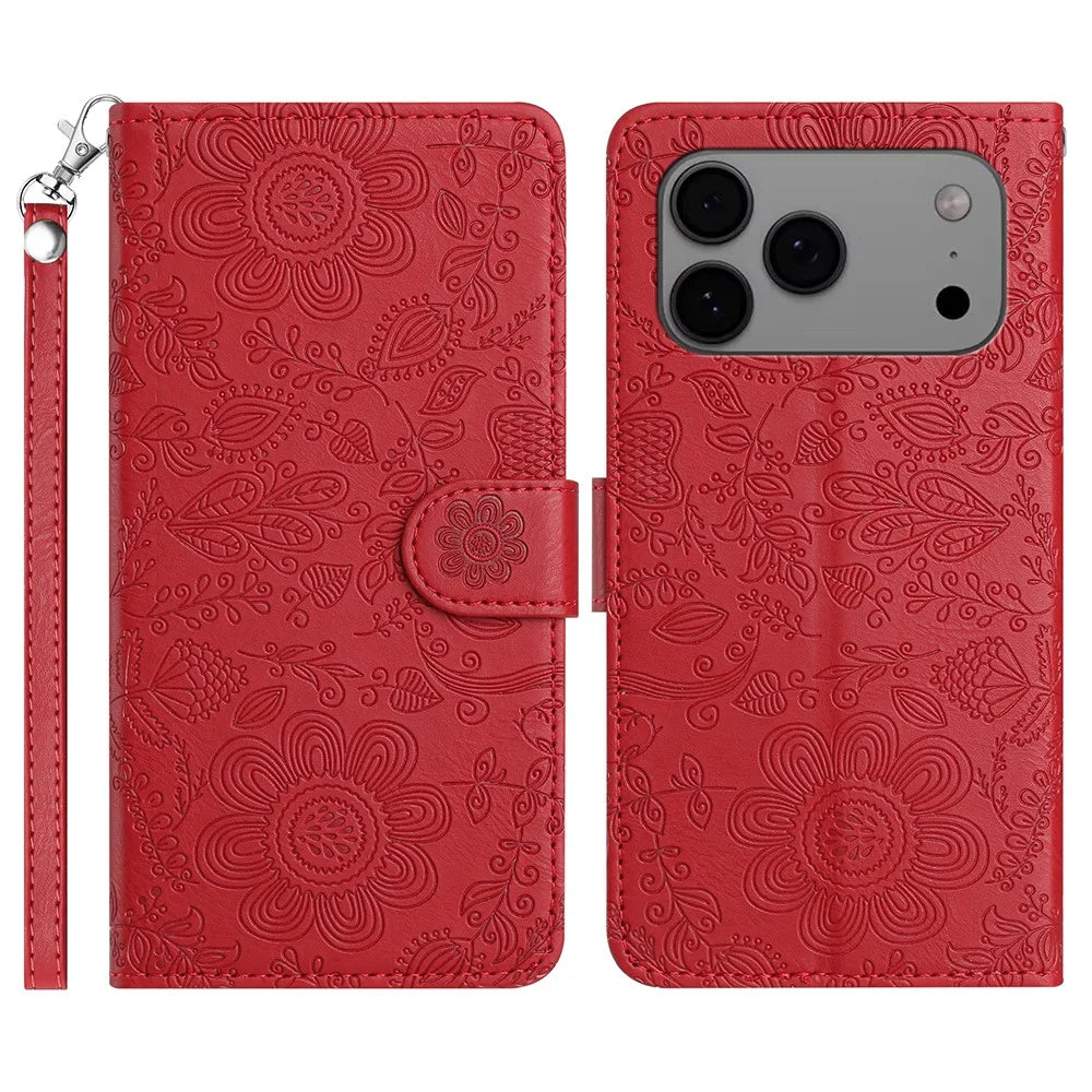 For iPhone 17 Pro Max Case Flower Imprint Leather Flip Wallet Phone Cover with Wrist Strap - Red - 1