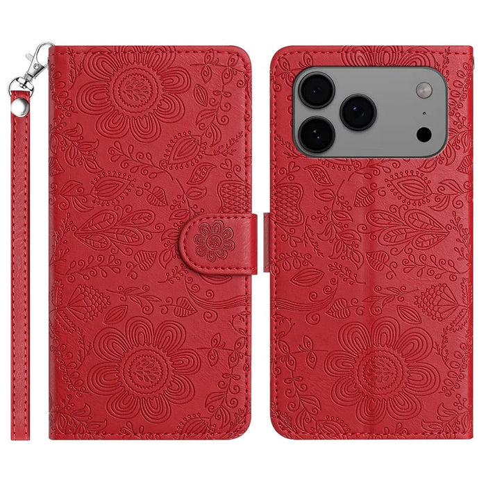 For iPhone 17 Pro Max Case Flower Imprint Leather Flip Wallet Phone Cover with Wrist Strap - Red - 1
