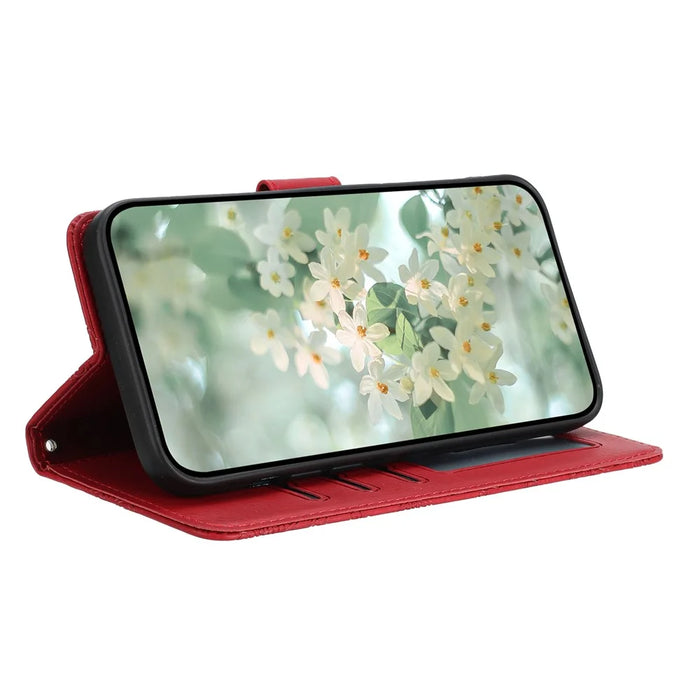 For iPhone 17 Pro Max Case Flower Imprint Leather Flip Wallet Phone Cover with Wrist Strap - Red - 3