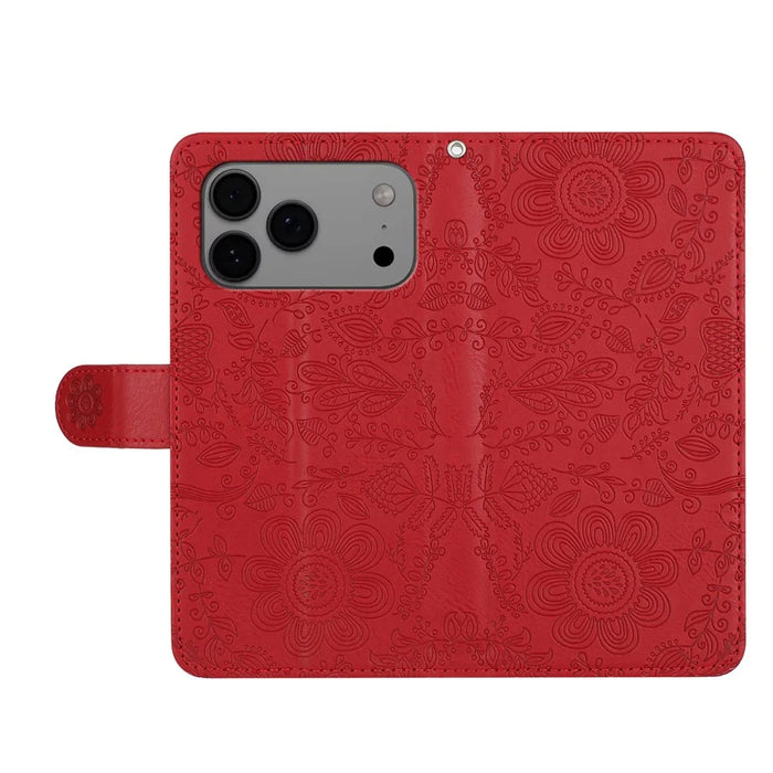 For iPhone 17 Pro Max Case Flower Imprint Leather Flip Wallet Phone Cover with Wrist Strap - Red - 4