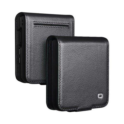 QIALINO For Samsung Galaxy Z Flip7 5G QIALINO Case Litchi Textured Top Layer Genuine Cow Leather PC Flip Phone Cover with Card Holder - Black - 1