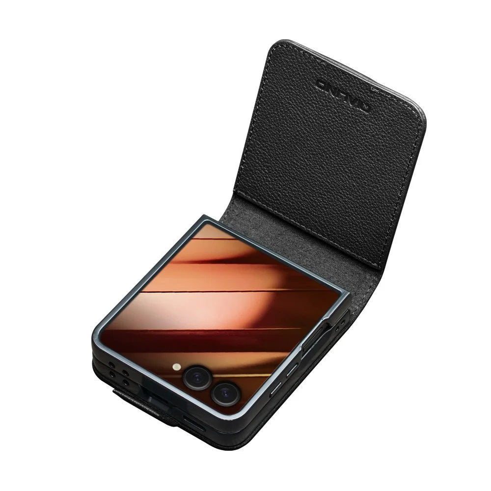 QIALINO For Samsung Galaxy Z Flip7 5G QIALINO Case Litchi Textured Top Layer Genuine Cow Leather PC Flip Phone Cover with Card Holder - Black - 3