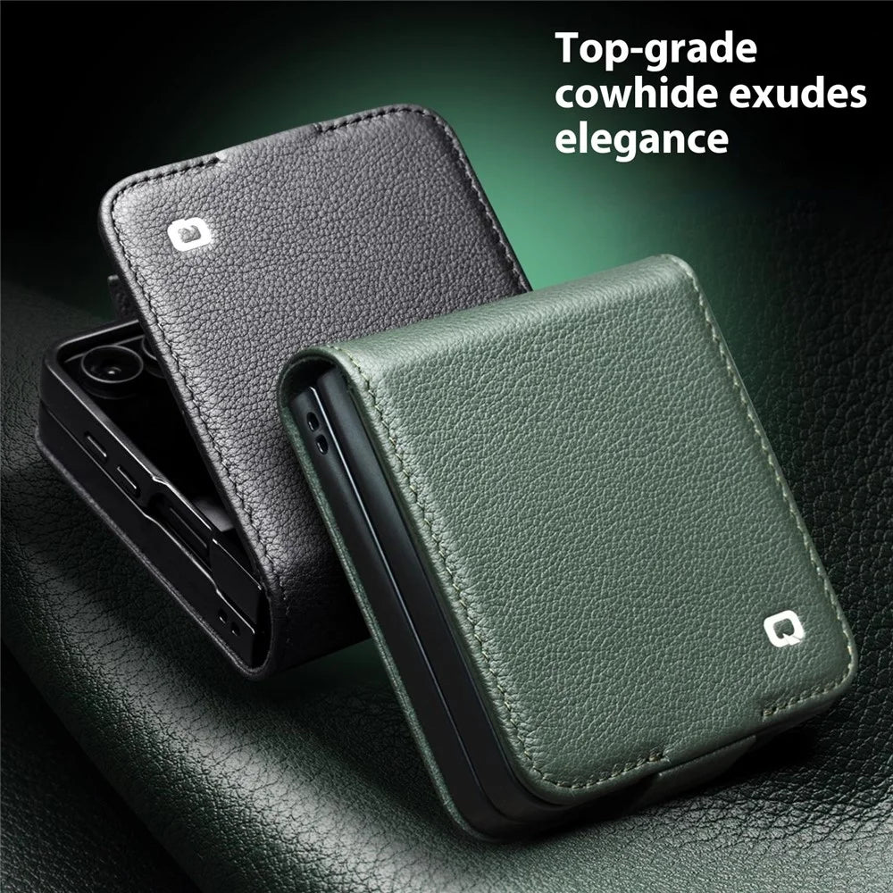 QIALINO For Samsung Galaxy Z Flip7 5G QIALINO Case Litchi Textured Top Layer Genuine Cow Leather PC Flip Phone Cover with Card Holder - Black - 4