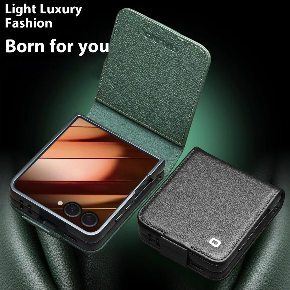 QIALINO For Samsung Galaxy Z Flip7 5G QIALINO Case Litchi Textured Top Layer Genuine Cow Leather PC Flip Phone Cover with Card Holder - Black - 5
