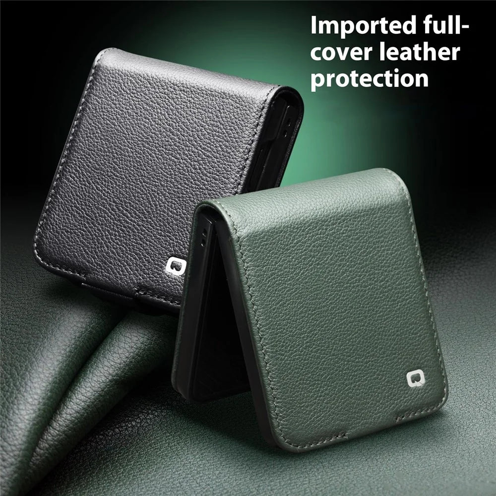 QIALINO For Samsung Galaxy Z Flip7 5G QIALINO Case Litchi Textured Top Layer Genuine Cow Leather PC Flip Phone Cover with Card Holder - Black - 6